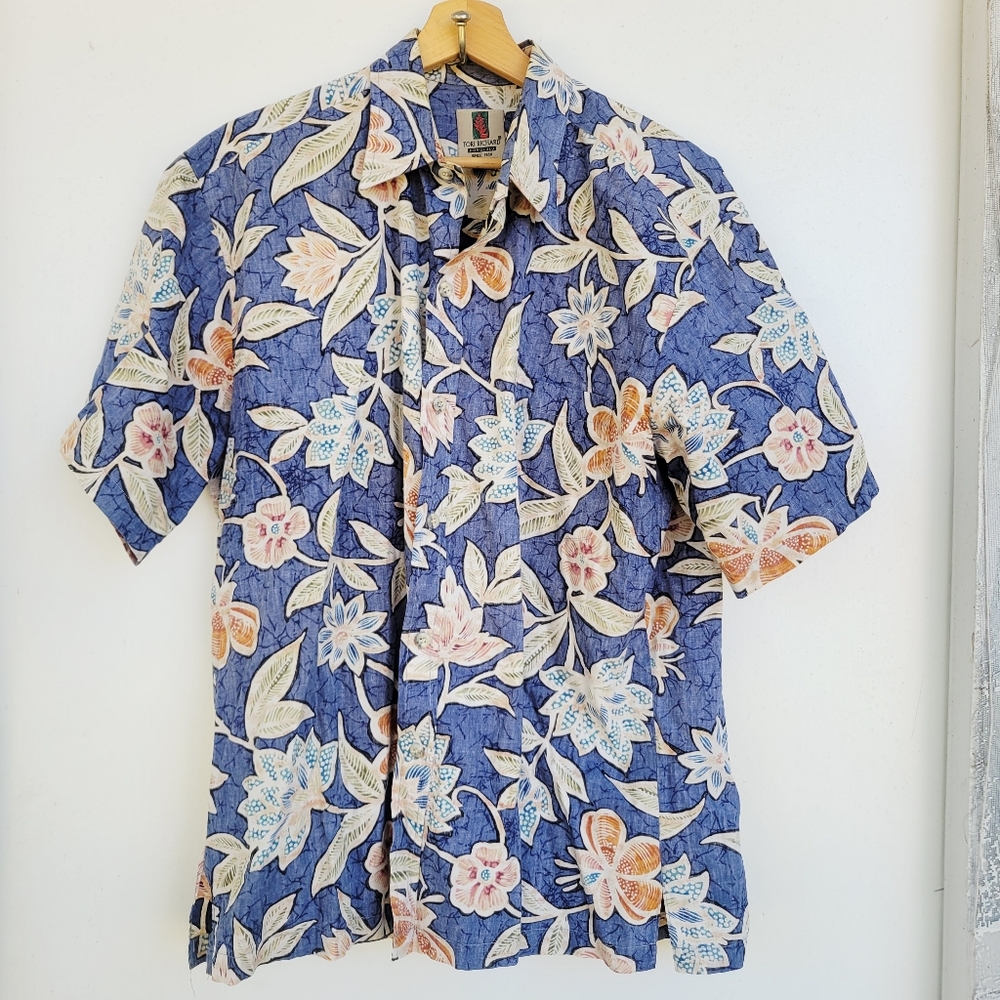 Tori Richard Mens Tropical Hawaiian Shirt Floral Blue Size Large
